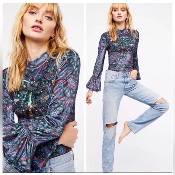 We the Free velvet paisley print long bell sleeve top - Picture 1 of 7
